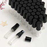 56 Stück Klarglas-Parfümflaschen, nachfüllbare Sprühflaschen in 2 ml, 3 ml, 5 ml, 10 ml – schwarze Feinnebeldüse, Kunststoffsprüher, Mini-Reise-Modeutensilien, feuchtigkeitsspendend, nachfüllbar